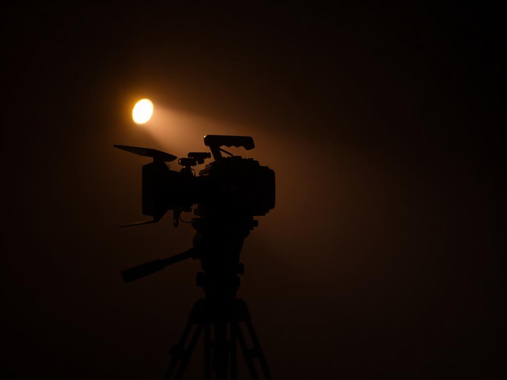 Dark film set with a single warm key light and camera silhouette