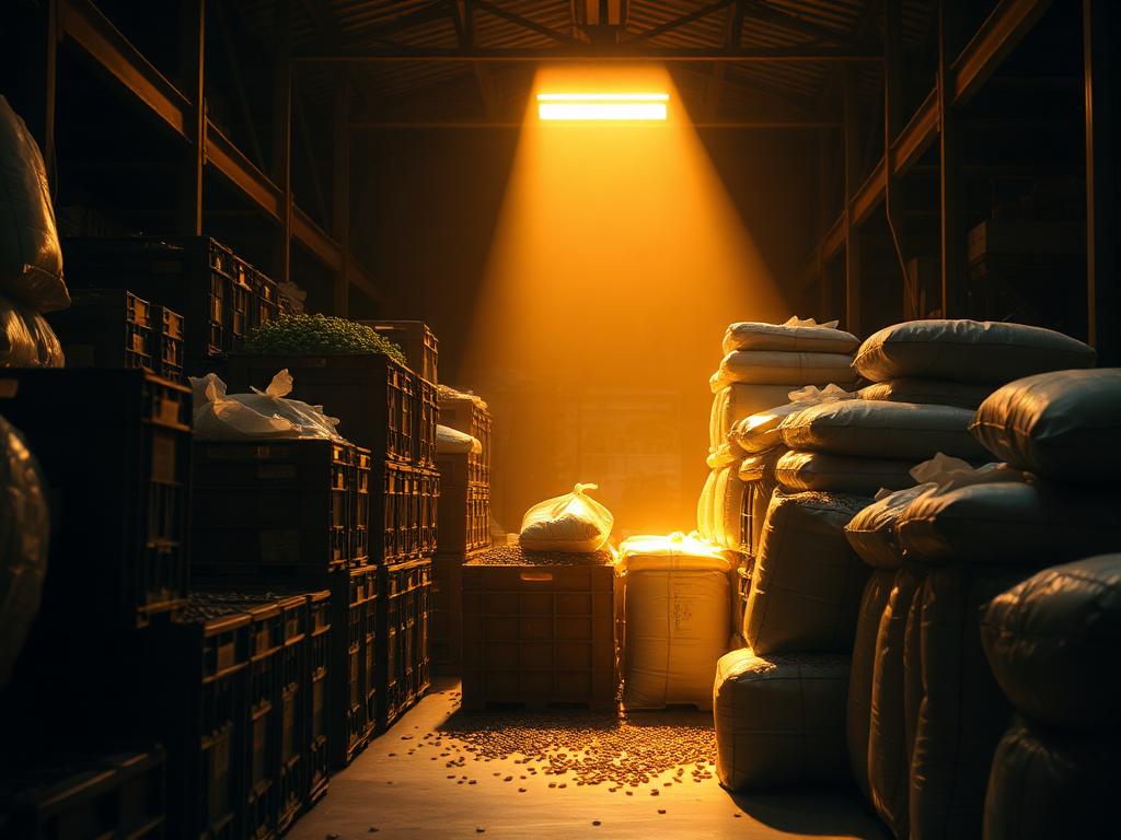 Crates of produce and sacks of coffee in a dim warehouse