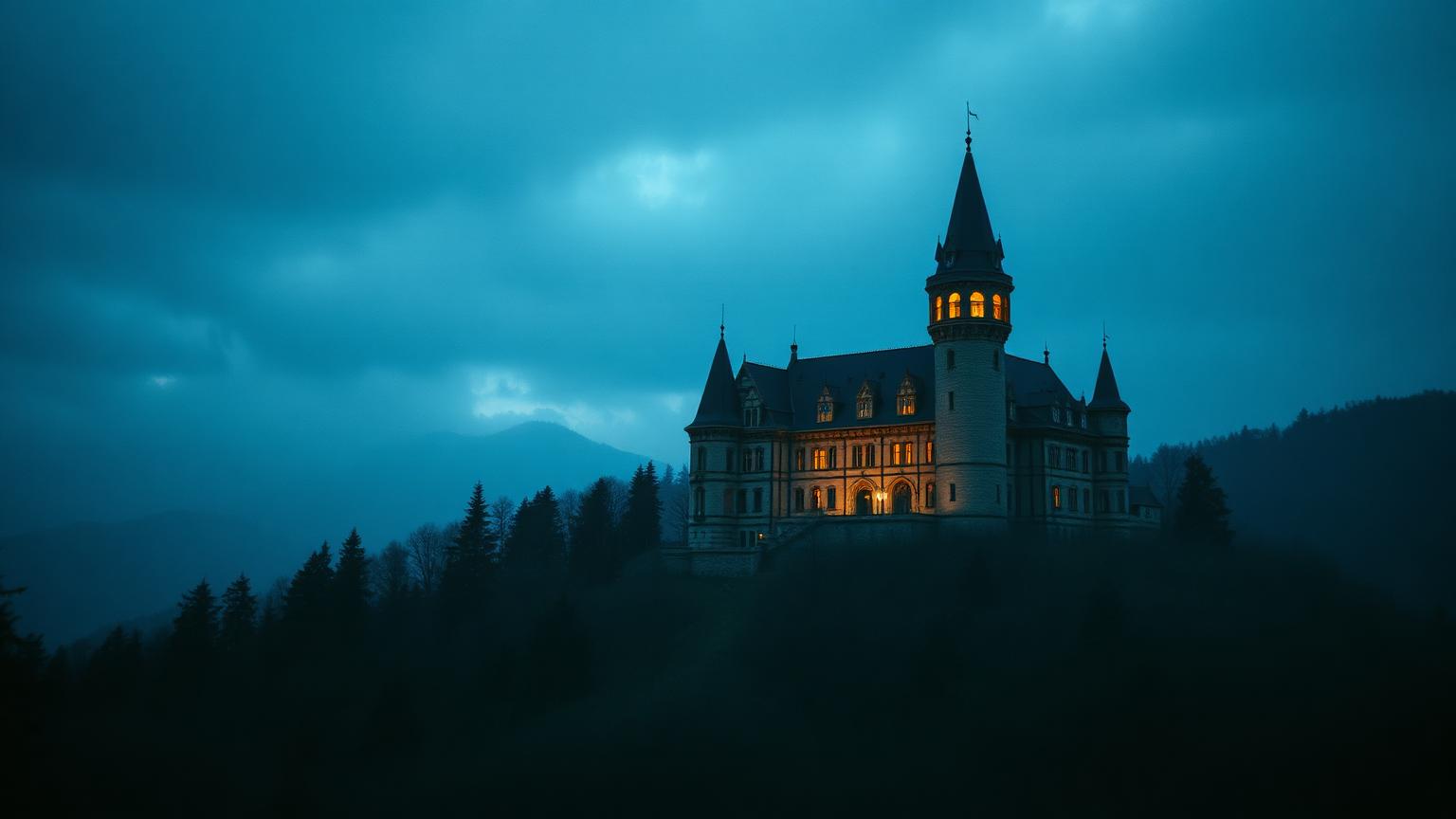 Gothic castle silhouette against a dark sky