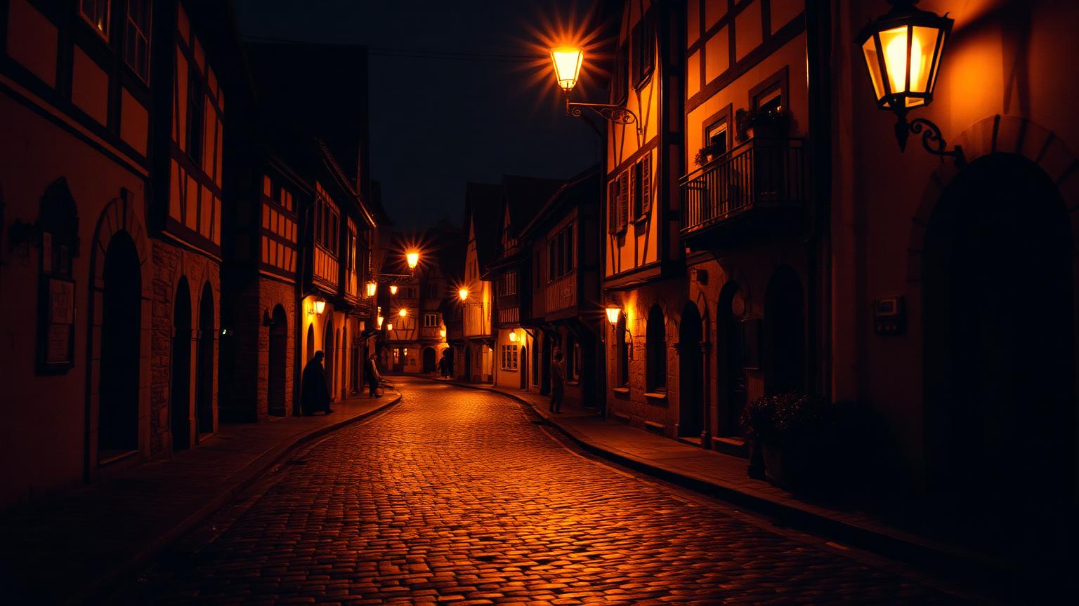 Medieval European street at night under warm lamplight
