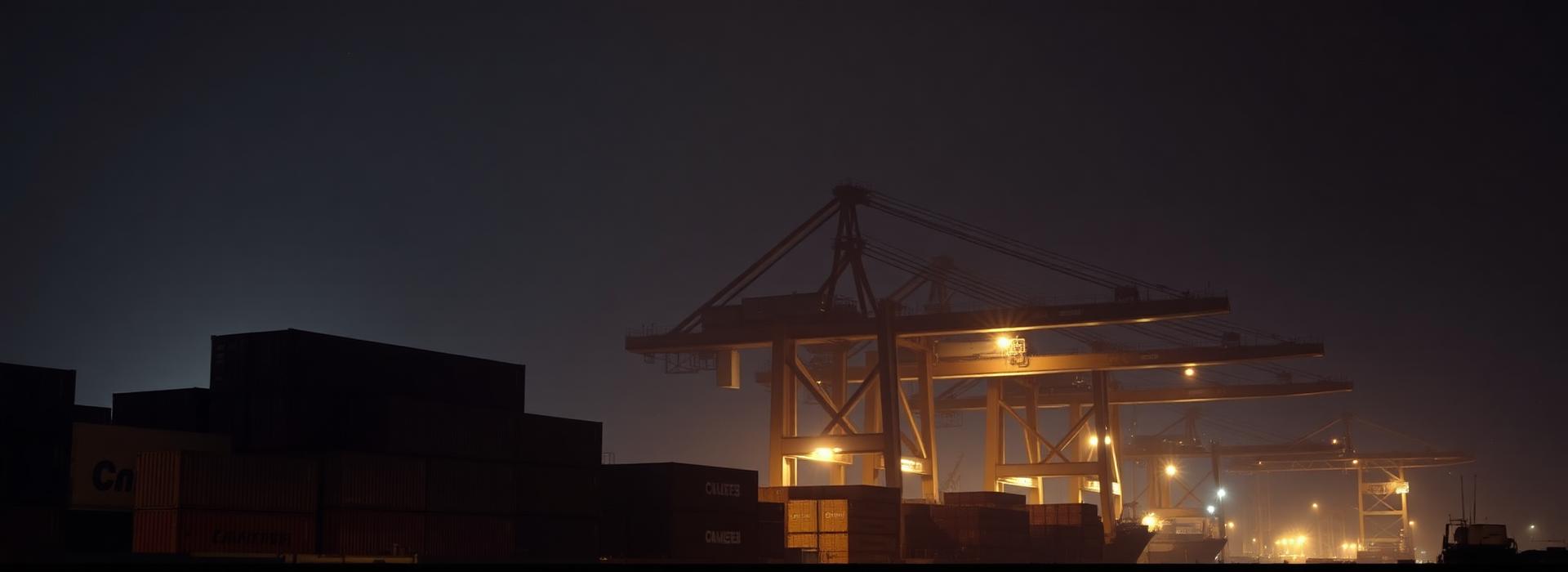 Shipping port at night with cranes and containers in silhouette