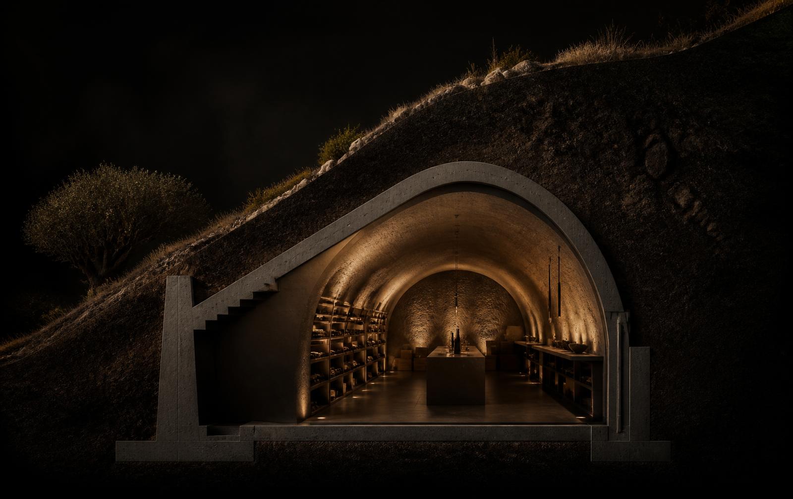 Architectural cutaway of an arched shotcrete wine cave shell under earth cover